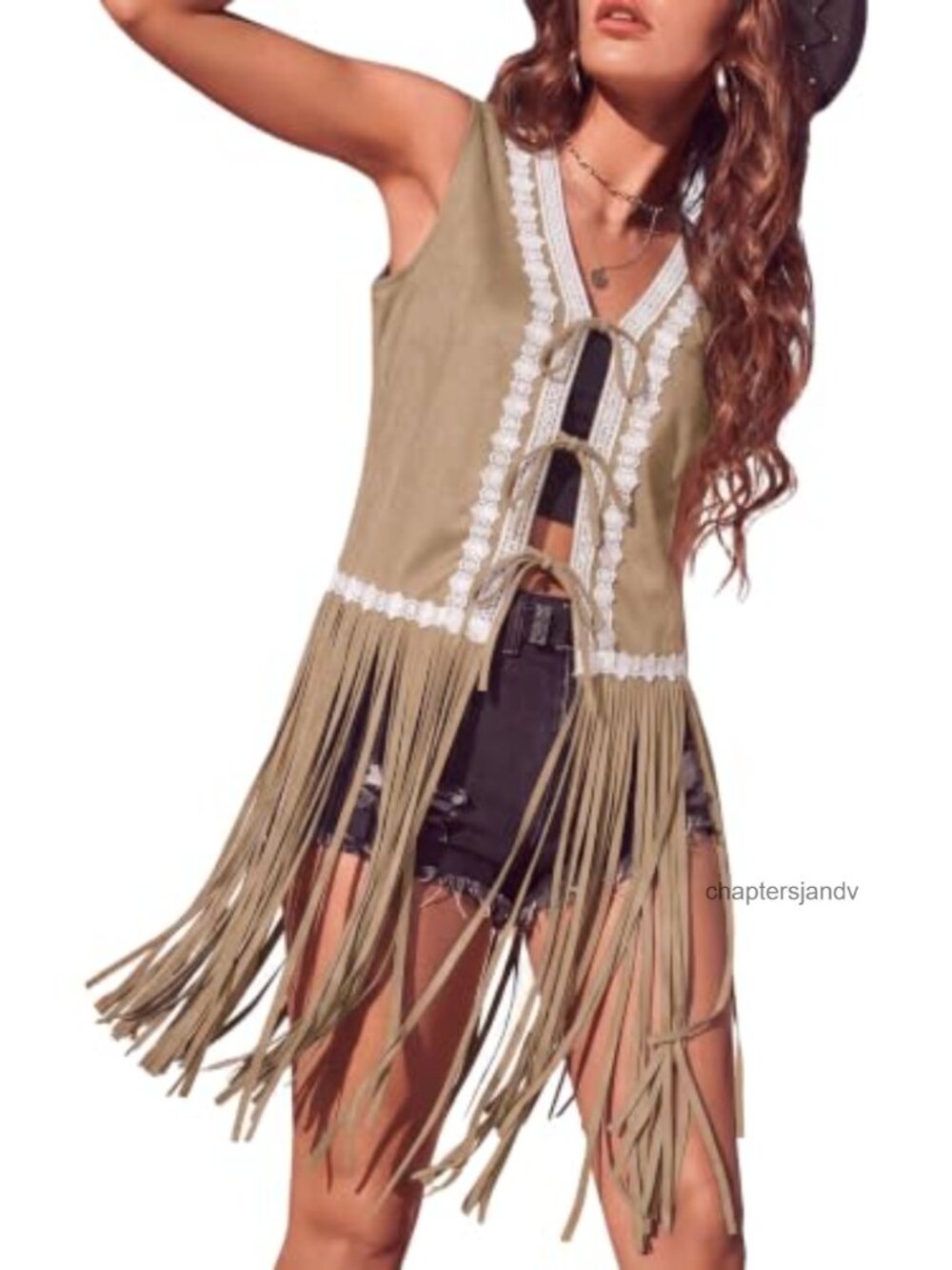 Faux Suede Fringe Vest 60s 70s Hippie Cowgirl Lace Trim Tie Front Sleeveless